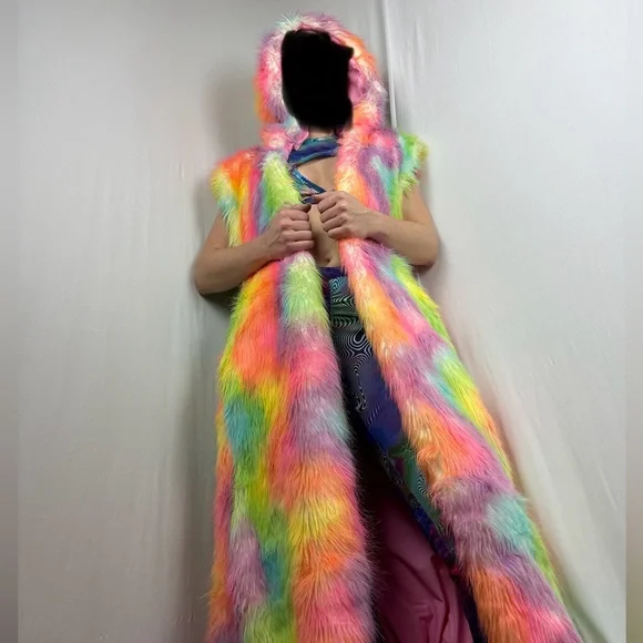 LONG Fur LED Glowing Light Up Coat Burning Man Rave Festival Rainbow Pastel EDC - Picture 9 of 16